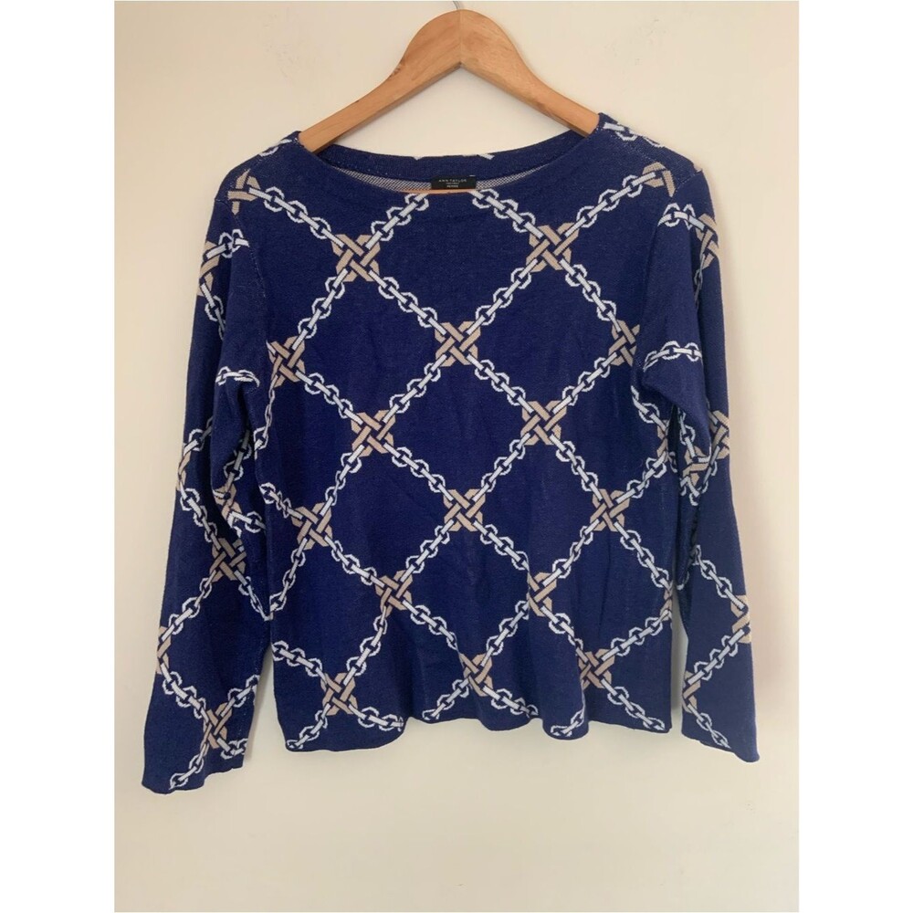 NWT Ann Taylor Navy Equestrian Soft Cotton Blend Chain-Print Long Sleeve Sweater